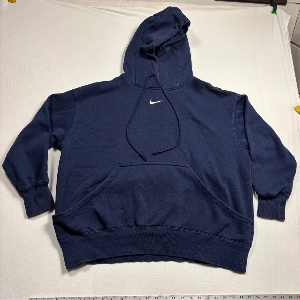 Nike Men Navy Pullover Hoodie Large Swoosh Cotton Blend Sweatshirt L